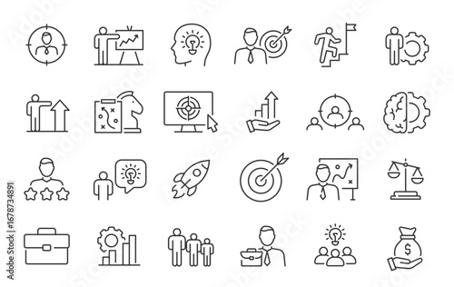Personal growth web icons in line style. Growth profit, career progress, business people, strategy, coaching, tutorship, collection. Vector illustration.