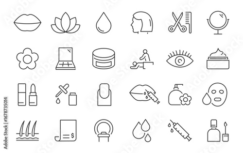 Cosmetology web icons in line style. Cosmetics, make up, fashion, salon, bodycare, beauty therapy, collection. Vector illustration.