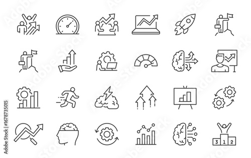 Progress web icons in line style. Brainstorming, creativity, skill, strategy, startup, management, collection. Vector illustration.