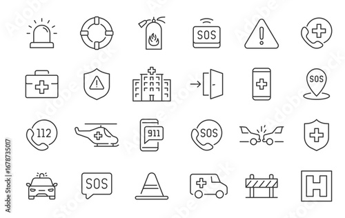 Emergency web icons in line style. Evacuation, SOS emergency call, ambulance, help, emergency hotline, exit, collection. Vector illustration.