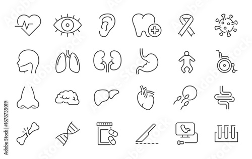 Medical Specialties web icons in line style. Medicine, RX, doctor, virus, testing, lab, scientific discovery, infographic collection. Vector illustration.