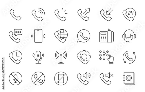 Phone web icons in line style. Call, telephone, mobile phone, contact, communication, collection. Vector illustration.