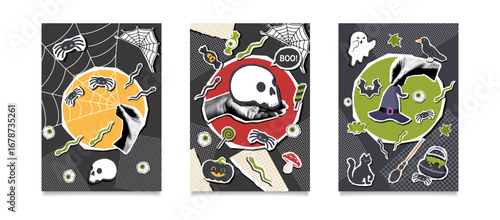 Set of halloween collage posters with stickers elements and photo of a human hands holding a halloween objects. Halloween backgrounds. Halloween concept. Vector flat illustrations.