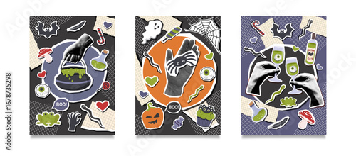 Set of halloween collage posters with stickers elements and photos of a human hands holding a halloween cliparts. Halloween templates. Halloween concept. Vector flat illustrations.