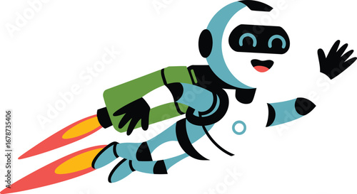 Friendly cartoon robot flying with jetpack