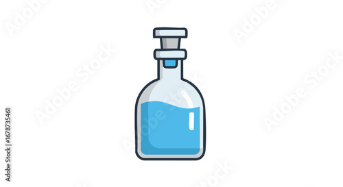 Cartoon bottle with blue liquid, illustration of bottle containing light blue liquid and a cork, white and blue colors in cartoon format