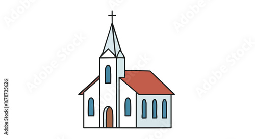 Stylized Illustration of a Quaint Church Building with Architectural Symmetry and Calm Atmosphere