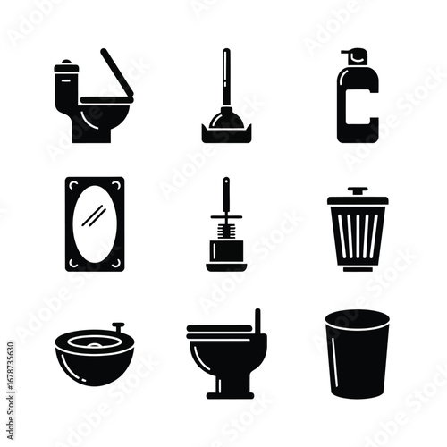 Essential Bathroom Hygiene and Cleaning Tools Concept in Minimalist Silhouette Icons Collection