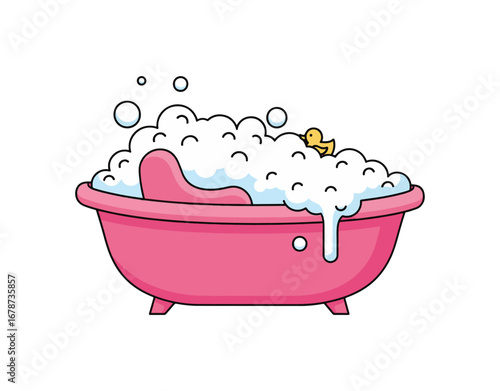 Flat style icon of a pink baby bath with foam bubbles, set against a white background. Vector illustration.