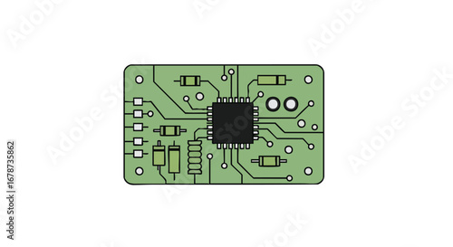 Stylized illustration of a printed circuit board component with integrated chip and electronic elements design concept