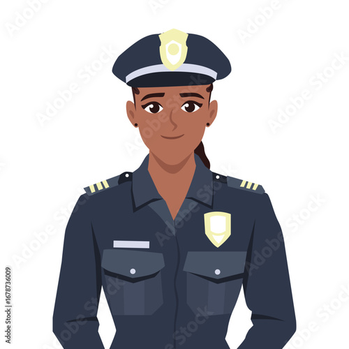Black Female Police Officer in Uniform. Flat Vector character illustration