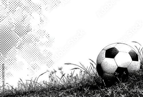 Monochrome sketch of soccer ball resting in grass against a halftone background