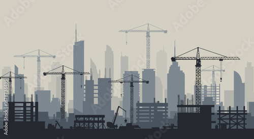 Construction Site with Cranes and City Buildings.