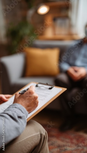 Therapist conducts counseling session with client in cozy office setting
