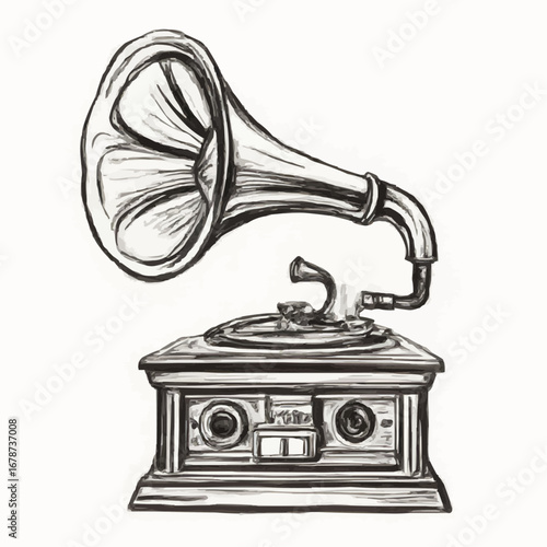 Vintage gramophone for playing music in artistic sketch style on white background