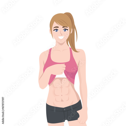 Smiling athletic woman lifting her top to reveal well defined six pack abs. Flat Vector character illustration