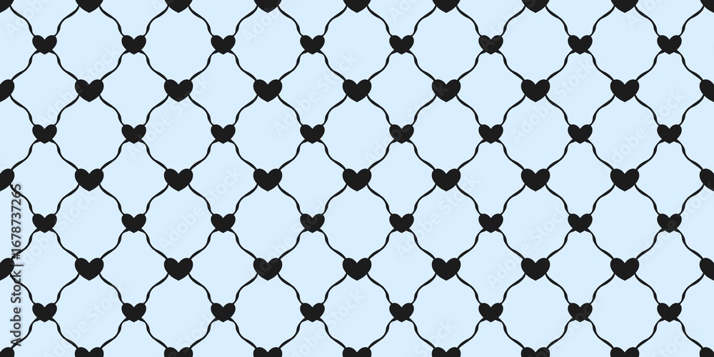 Fototapeta premium Heart pattern minimalist. Simple cute Valentines day background. Valentines black heart diagonal line seamless pattern. Black heart and blue background create a romantic vibe.