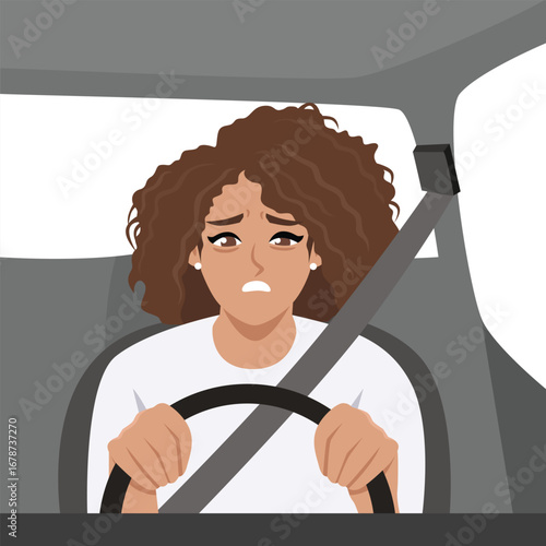 Stressed woman gripping the steering wheel tightly while driving, showing fear or anxiety. Flat Vector character illustration