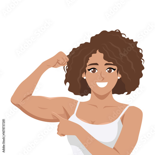 Strong woman flexing her arm. Flat Vector character illustration