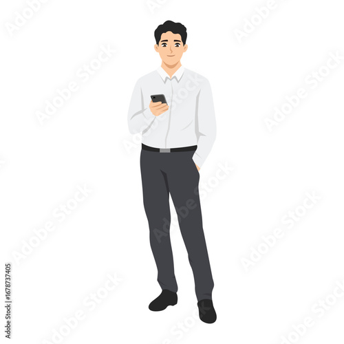 Young man in formal attire standing casually while holding a smartphone and looking forward. Flat Vector character illustration
