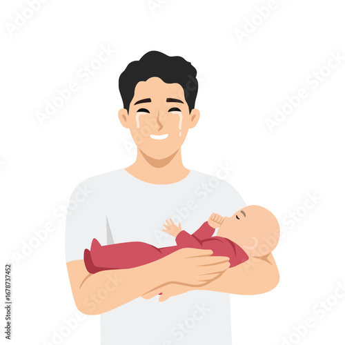 Joyful father with tears of happiness holding his newborn baby gently in his arms. Flat Vector character illustration