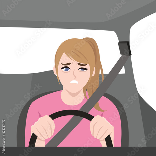 Woman in a pink shirt looking exhausted while driving, gripping the steering wheel tightly. Flat Vector character illustration