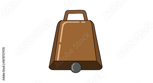 Illustration of a Brown Cowbell with a Metal Clapper on a White Background Simple Design