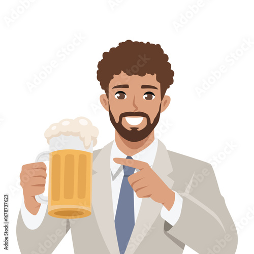 Cheerful businessman in a suit holding and pointing at a frothy beer mug. Flat Vector character illustration