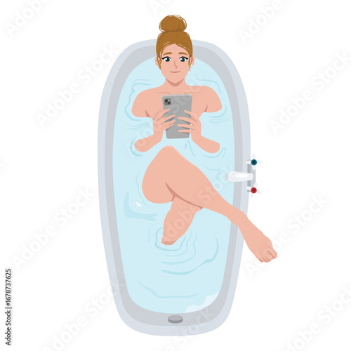 Young woman soaking in a bathtub while browsing on a tablet. Flat Vector character illustration