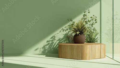 Sunlit, pale-green room corner featuring a wood slice display stand holding a terracotta pot with assorted greenery, casting shadows