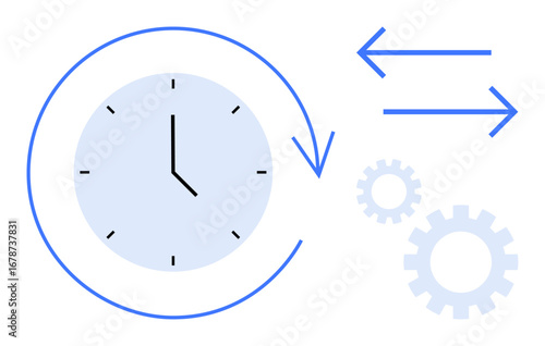Clock with circular arrow, two direction arrows, and gears showing process optimization, time management, workflow, system automation, task scheduling, efficiency, simple flat metaphor