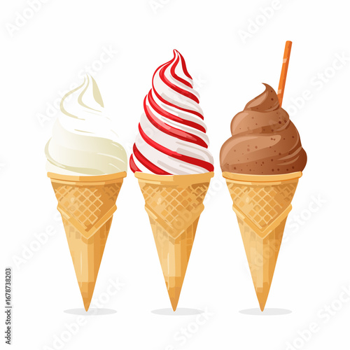 A vector set of five different ice cream treats. Popsicle, cone with scoops, layered pop, twist pop, soft serve. Ice cream illustrations.