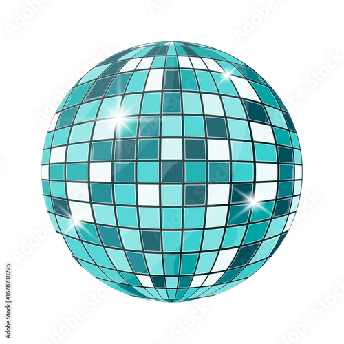 Turquoise disco ball with glossy reflections. Vector illustration for party, retro, or modern dance design projects.