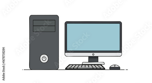Stylized desktop computer setup featuring a tower, monitor, keyboard, and mouse with a modern design style depiction