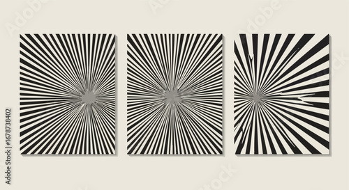Three abstract black and white radial stripe posters, showcasing a dynamic visual effect.