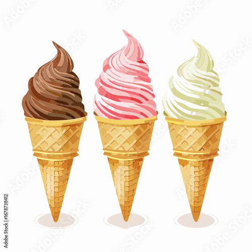 A vector set of five different ice cream treats. Popsicle, cone with scoops, layered pop, twist pop, soft serve. Ice cream illustrations.