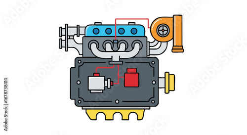 Detailed schematic illustration of a turbocharged combustion engine mechanism with interconnected components for engineering education and diagnostics