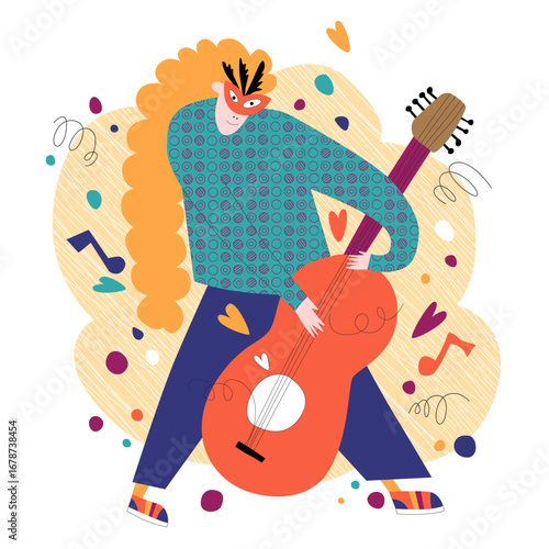 vector illustration in flat style on the theme of carnival, holiday, festa junina. Dancing people with maracas and drums. Music, festive atmosphere