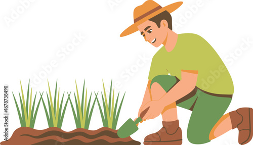 Farmer Planting Seedlings with a Trowel