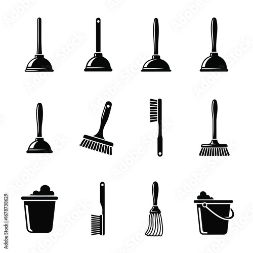 Vector Illustration of Black Cleaning Utensils for Home and Professional Use