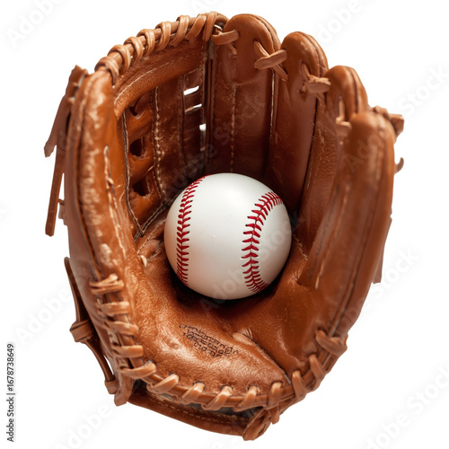 Leather baseball glove holding white baseball ball on transparent background