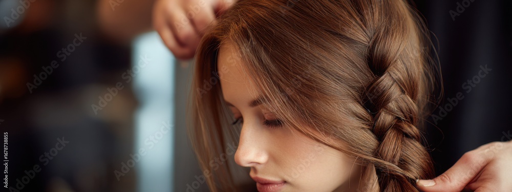 Naklejka premium Braiding hair at a salon during the afternoon with a focus on precision and style