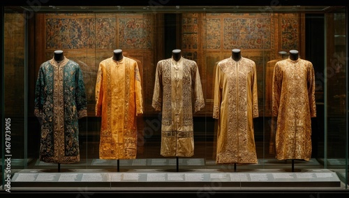 Museum display of five  embroidered robes,  various muted colors