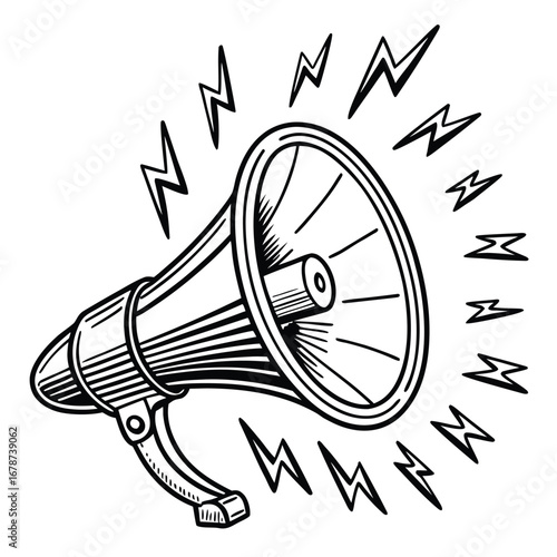 Vintage megaphone illustration  black and white vector design, hand-drawn style with bold lines and shading  communication
