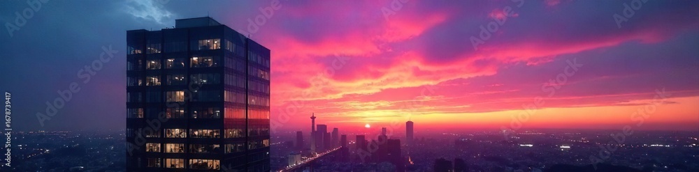 Fototapeta premium Modern office building silhouetted against a vibrant dusk sky, city lights beginning to twinkle Perfect for corporate, real estate, and architecture projects , sunset, buildings, business