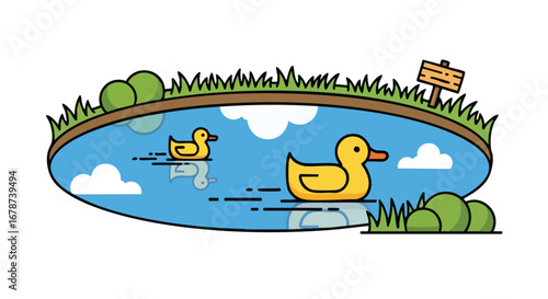 Whimsical Pond Scene with Floating Ducks: A Charming Illustration of Nature's Simplicity and Tranquility in an Oval Setting