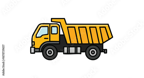 Cheerful yellow dump truck cartoon with black outline, ideal for transportation themed designs and educational resource materials or children's