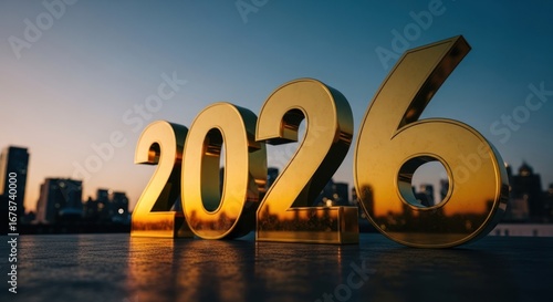 Gold year 2026 numerals gleam against a blurry city skyline at twilight