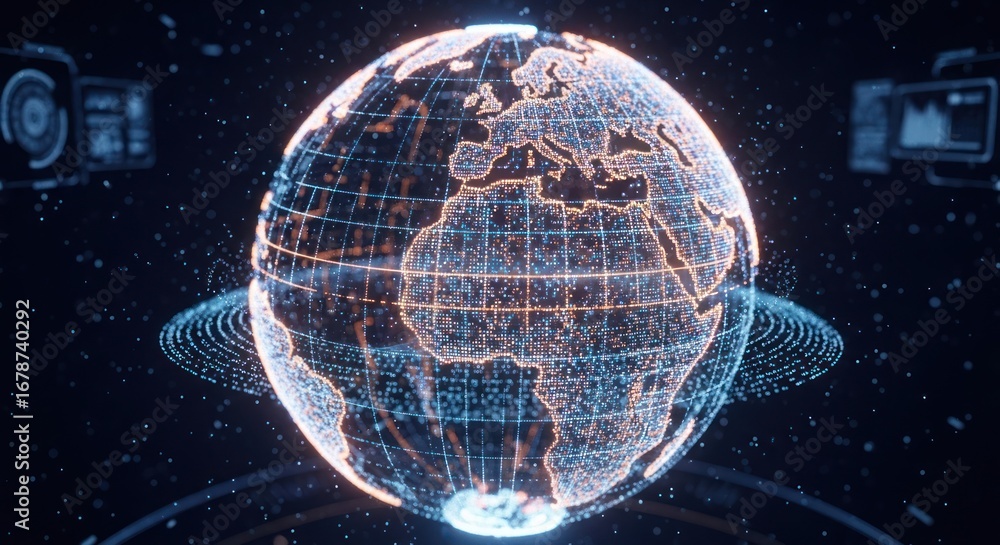 Naklejka premium Glowing, outlined globe shows Europe and Africa with a ring and blue UI elements