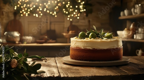 Delicious dessert on wooden table in warm kitchen atmosphere